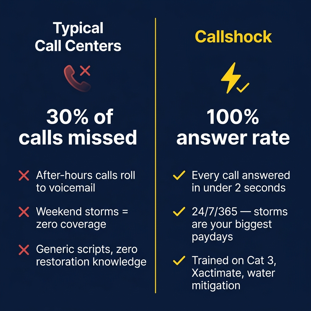 Comparison: Typical call centers miss 30% of calls vs Callshock with 100% answer rate, 24/7/365 coverage, and restoration-specific training